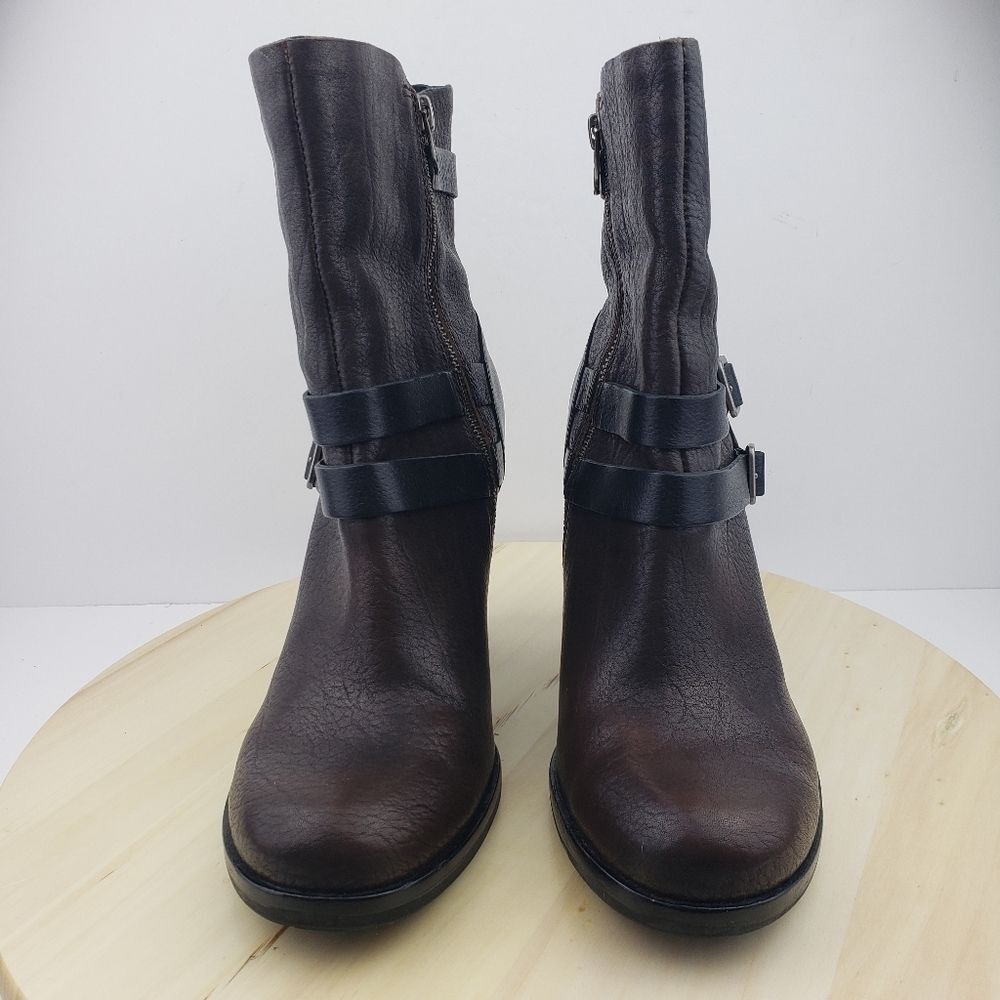 KORK EASE Boots Sz 8M Mid Calf Brown Leather Strappy Buckle Heeled Moto Western - Picture 3 of 12